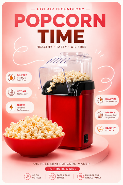Oil Free Mini Popcorn Maker  | Hot Air Popcorn Machine | Electric Popcorn Popper for Home & Kids | 1200W